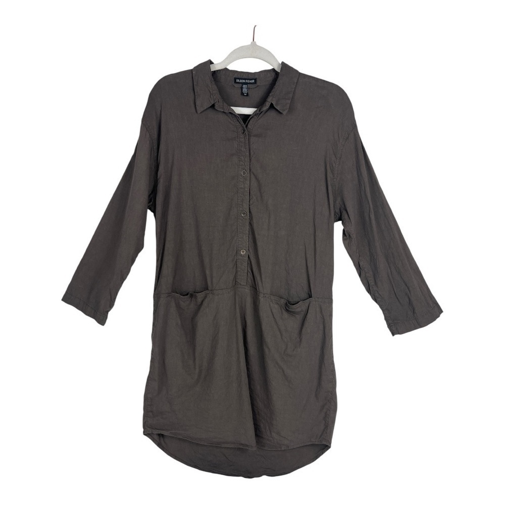 Eileen Fisher Sz Small Shirtdress Linen Blend Lagenlook Minimalist Taupe/Gray